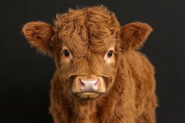 majestic highland cow portrait, rich brown fur, gentle eyes, professional studio lighting, deep black background