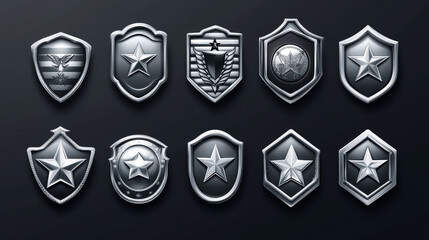 Military badges, army rank insignia. War game icons, silver military signs with stars and chevrons. Metal ranking army symbols isolated on background, vector cartoon set