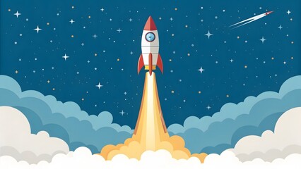 Colorful Rocket Launching into a Starry Night Sky with Clouds