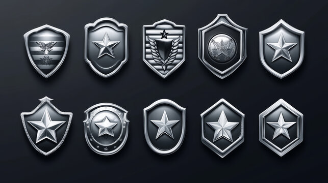 Military badges, army rank insignia. War game icons, silver military signs with stars and chevrons. Metal ranking army symbols isolated on background, vector cartoon set