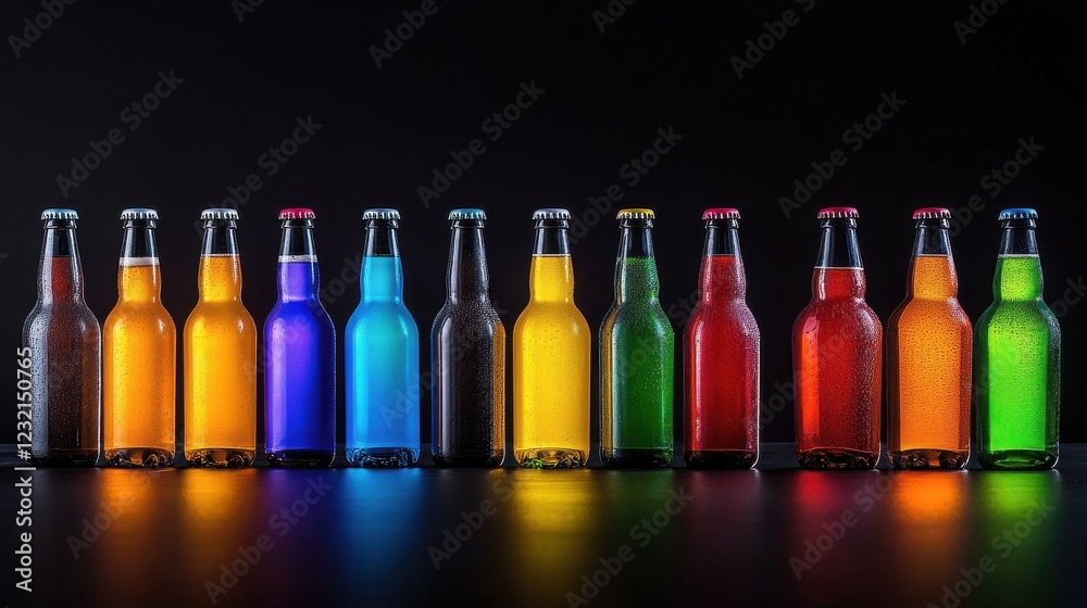 Poster a lineup of beer bottles in assorted colors glowing under neon lights