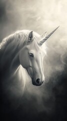 Majestic white unicorn emerging from dark clouds with bright light