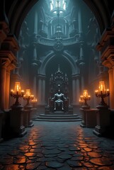 A black stone throne in the castle's dungeon, where candles burn on massive chandeliers and knights in armor stand around it
