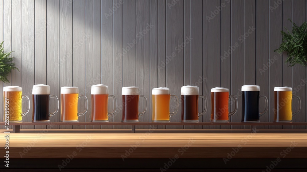 Poster a set of beer mugs filled with different colored ales on a wooden counter