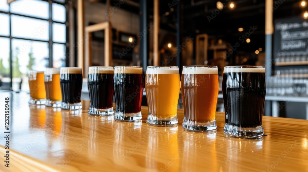 Poster a set of beer mugs filled with different colored ales on a wooden counter