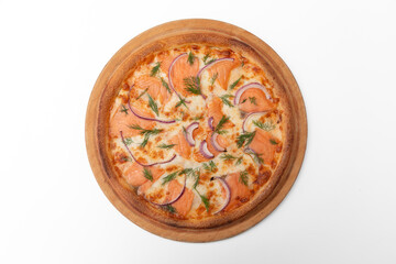 Pizza with salmon and red onion on a white background