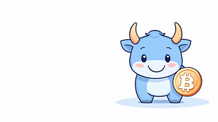 Cute blue bull holding Bitcoin; white background; cryptocurrency illustration; financial website design