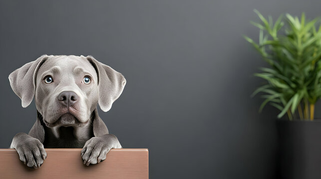 Curious puppy peeking over brown surface, gray background, plant, home interior, pet website banner