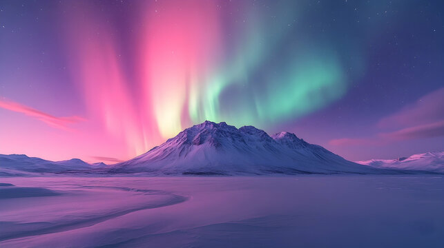 Illustration - Aurora Borealis over Snowy Mountain Landscape