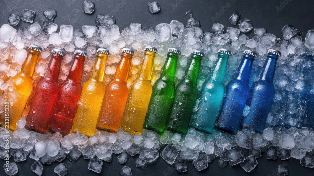 Poster a top view of a beer cooler filled with rainbow-colored bottles on ice