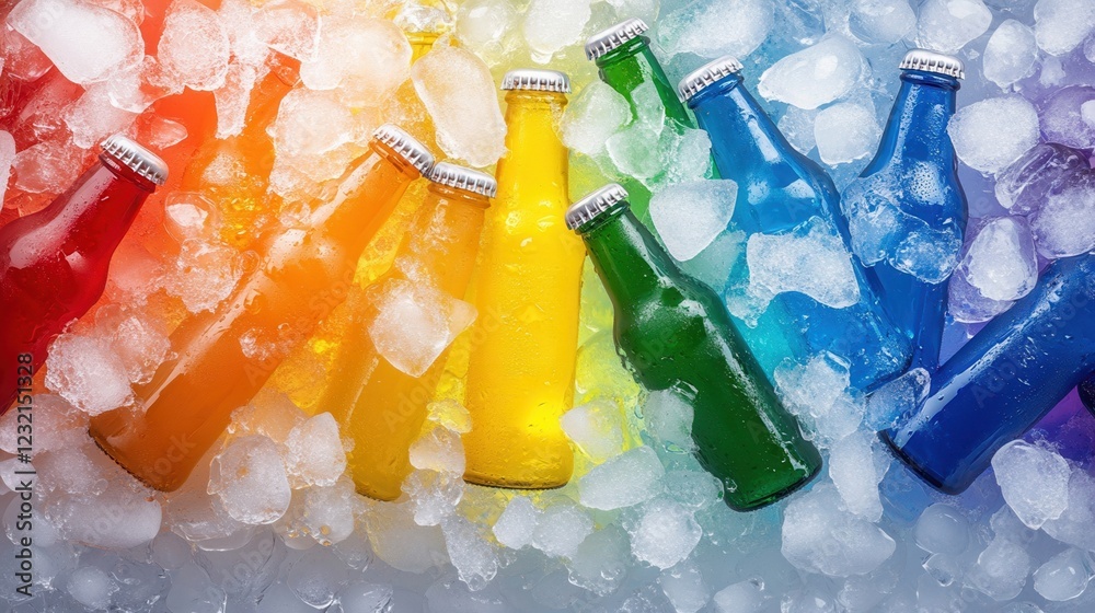 Poster a top view of a beer cooler filled with rainbow-colored bottles on ice