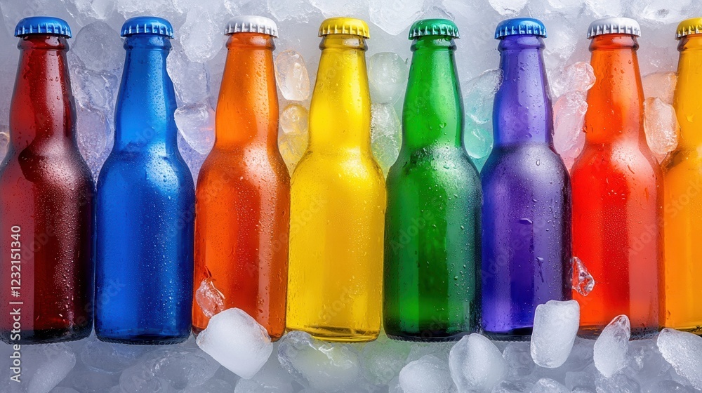 Poster a top view of a beer cooler filled with rainbow-colored bottles on ice