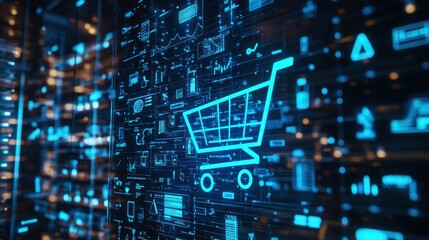 Digital shopping cart icon overlaid on futuristic data analytics background, representing online shopping trends and e commerce innovations
