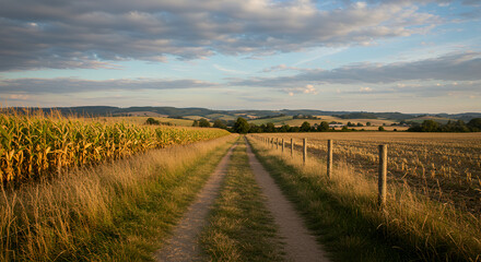 A dirt path running through a rural landscape, flanked by dry grass and cornfields. In the background, rolling hills are visible under a partly cloudy sky with a muted color palette. 