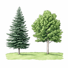 Obraz premium Evergreen and deciduous trees, park landscape illustration, nature guide, botanical guide