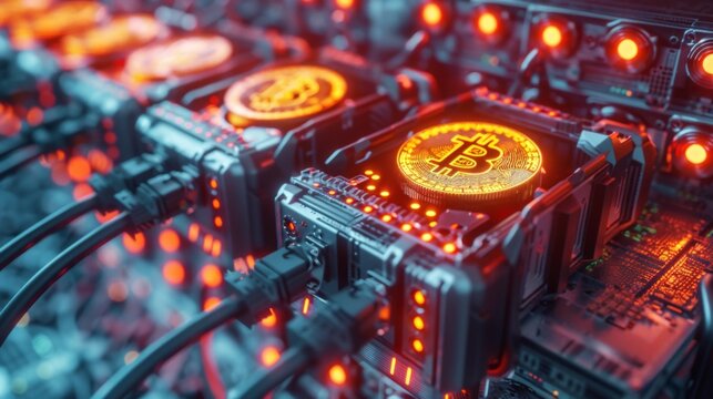 Complex hardware setup features multiple bitcoin mining rigs with illuminated graphics cards and connecting cables, showcasing activity typical of a crypto mining facility.