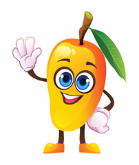 Cute mango character waving happily. Vector cartoon illustration