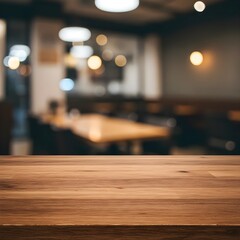 Wooden Tabletop with Blurred Restaurant Background for Product Display Mockup