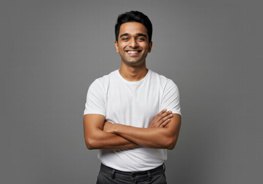 Happy Young Indian Man Smiling with Crossed Arms, Standing Confidently Against a Neutral Grey Backdrop