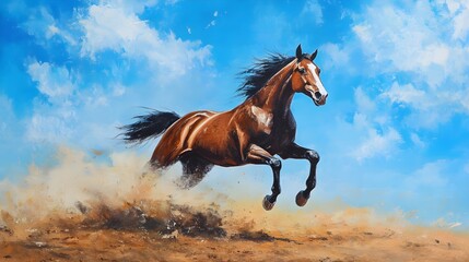 Obraz premium Bay horse run gallop in dust against blue sky