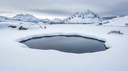 Frozen pond, snow-covered landscape, mountain backdrop, winter scenery; ideal for travel brochures