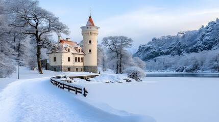 Frozen lake, winter castle, snowy path, mountain backdrop; postcard or calendar image
