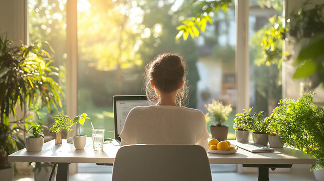 Modernes Home Office mit nat&uuml;rlichem Licht, gesunder Arbeitsweise und produktiver Atmosph&auml;re. Generative AI KI