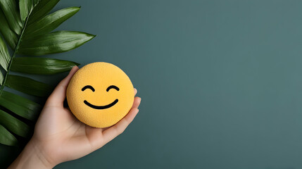 Happy face emoji held in hand, green background, palm leaf.  Positive emotions concept