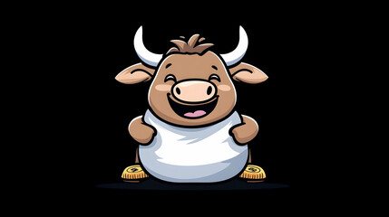 Fototapeta premium Happy cartoon bull wearing a shirt, smiling against black background; ideal for children's books or apparel