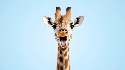 Fototapeta premium Happy giraffe portrait, light blue background, zoo animal, wildlife, advertising