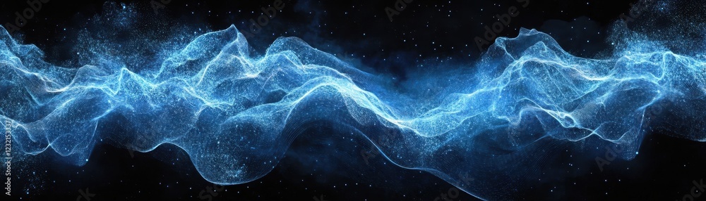 Wall mural abstract blue energy wave on black background with sparkling particles and dynamic flowing lines
