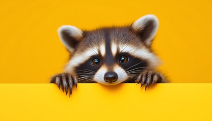 Obraz premium Cute Raccoon Peeking Over Yellow Background Playful Digital Art