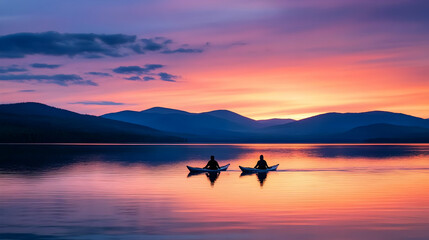 Kayaking couple at sunset, mountain lake reflection. Perfect for travel, adventure, and serenity
