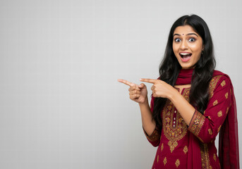 Excited Indian Woman Gesturing to the Side, Ready to Share Information or Announce Something in a Fun and Lively Way