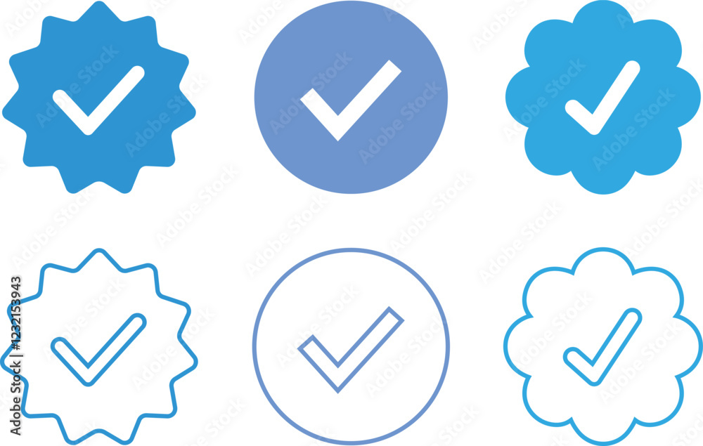 Wall mural verified tick badge icon set isolated on transparent background. social media official account tick 