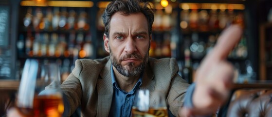 Man in a bar with a glass of whiskey. Ideal for alcoholic drinks advertising, blogs about nightlife, articles about bars and restaurants.