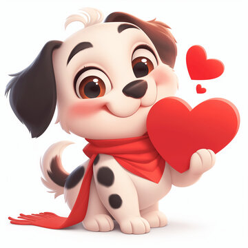 Dalmatian puppy in red scaf with red heart in paw on white background