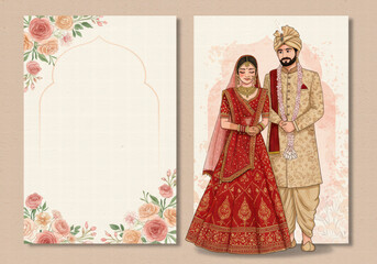 Traditional Indian Wedding Invitation with Floral Elements, Showcasing Bridegroom Character and Ceremony Details