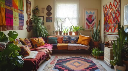 Bohemian living room with colorful textiles, plants, and eclectic decor.