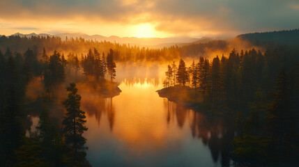 Fototapeta premium Sunrise Lake Forest Landscape Photo - Golden Hour, Mist, Nature, Reflection, Trees, Water, Wilderness, Tranquility, Scenery