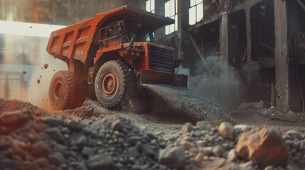 Fototapeta premium Dump truck tipping gravel on a construction site, action-focused shot