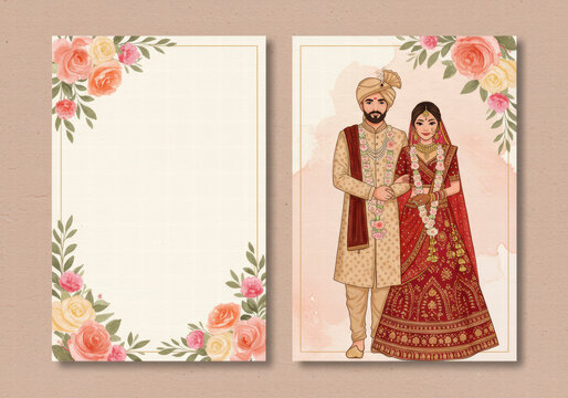 Elegant Floral Wedding Invitation Featuring Indian Bridegroom Character, with Intricate Designs and Event Details