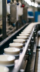 Obraz premium Production line with conveyor for packaging of dairy products. Suitable for articles about industry, packaging technology and food industry.