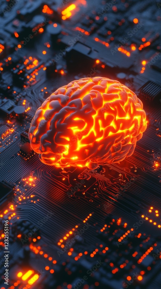 Wall mural glowing human brain resting on a circuit board symbolizing artificial intelligence