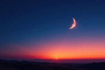 A crescent moon in the southeastern sky near the horizon, horizon, landscape, lunar phase