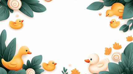 Rubber ducks family playing amidst green leaves; white background; ideal for baby products
