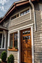 Charming Home Exterior: Gray Siding, Wooden Door, and Landscaping