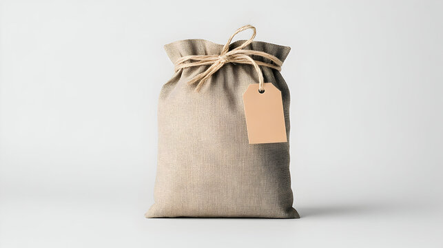 Rustic burlap sack with blank tag, studio shot, simple background, packaging mockup