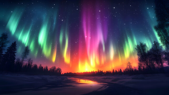 Illustration - Vibrant Aurora Borealis Over Winter Landscape at Sunset