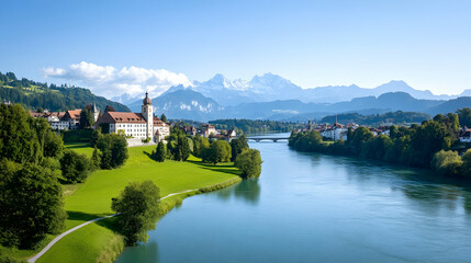 Fototapeta premium Scenic Swiss village, river, mountains, clear sky, summer tourism